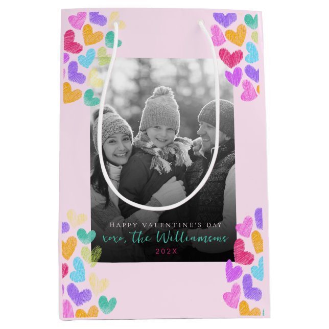 Happy Valentines Day Cute Pastel Hearts Photo Medium Gift Bag (Front)