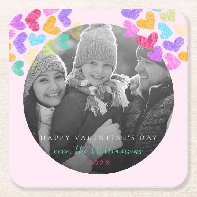 Happy Valentines Day Cute Pastel Hearts Photo Square Paper Coaster (Front)