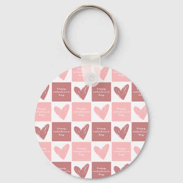 Happy Valentine's Day Cute Pink Hearts Pattern Key Ring (Front)