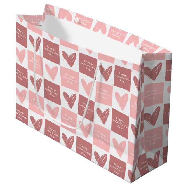 Happy Valentine's Day Cute Pink Hearts Pattern Large Gift Bag (Front Angled)