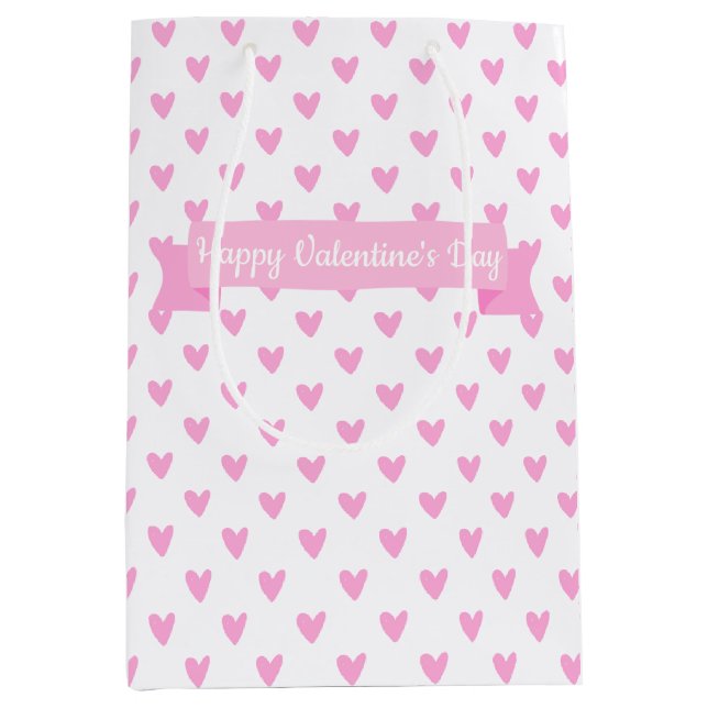 Happy Valentine's Day | Cute Pink Hearts Pattern Medium Gift Bag (Front)