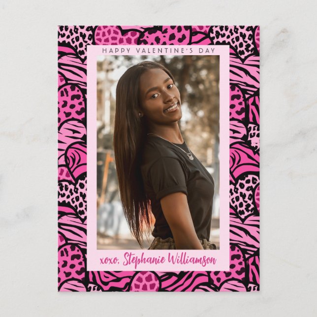 Happy Valentines Day Cute Pink Jungle Hearts Photo Holiday Postcard (Front)