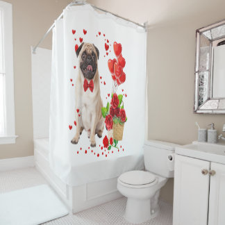 Happy Valentines Day Cute Pug _ Heart Flowers Boys Shower Curtain