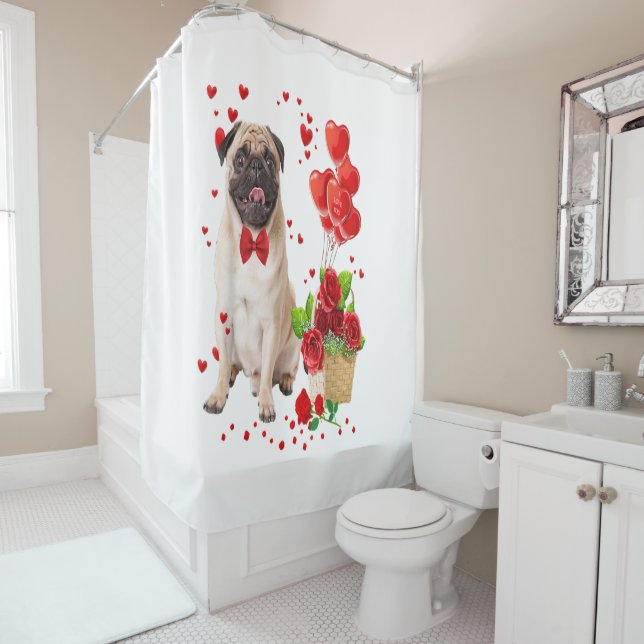 Happy Valentines Day Cute Pug _ Heart Flowers Boys Shower Curtain (In Situ)