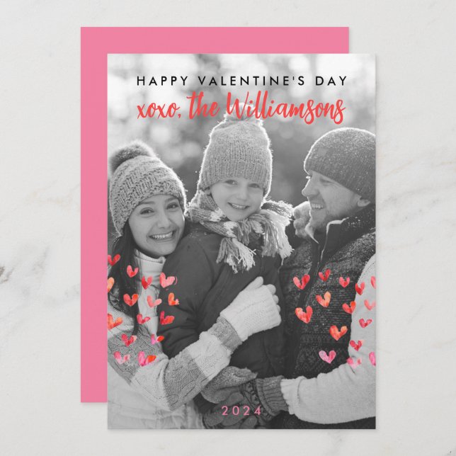 Happy Valentines Day Cute Red Hearts Family Photo Holiday Card (Front/Back)