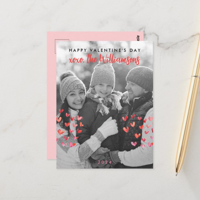 Happy Valentines Day Cute Red Hearts Family Photo Postcard (Front/Back In Situ)