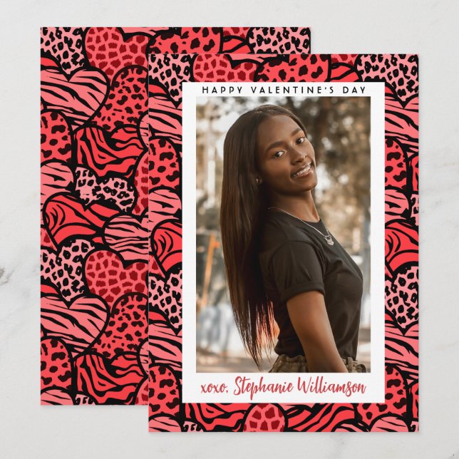 Happy Valentines Day Cute Red Jungle Hearts Photo Holiday Card (Front/Back)