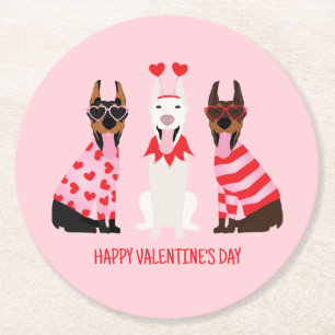Happy Valentines Day Dobermann Dogs Round Paper Coaster