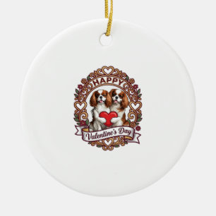Happy Valentines Day Dog Red Heart Floral Frame_1 Ceramic Tree Decoration