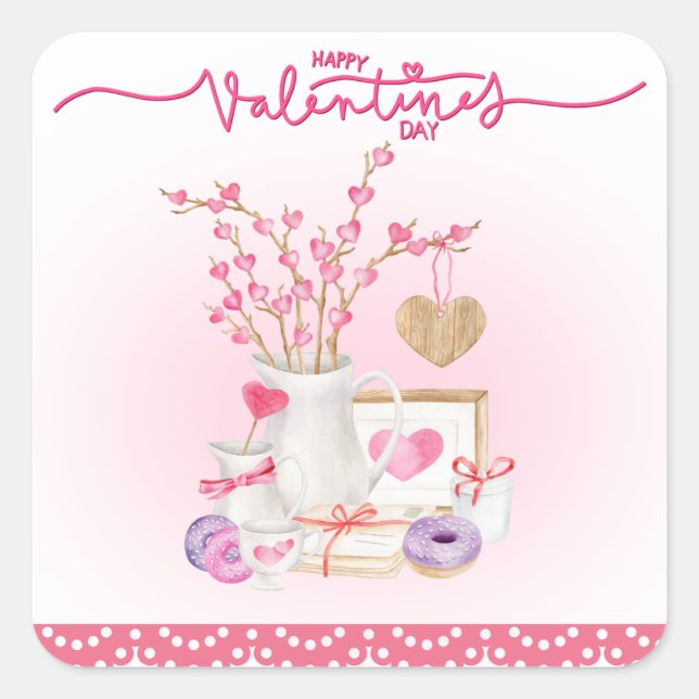 Happy Valentines Day Doughnuts Vase Hearts Square Sticker (Front)