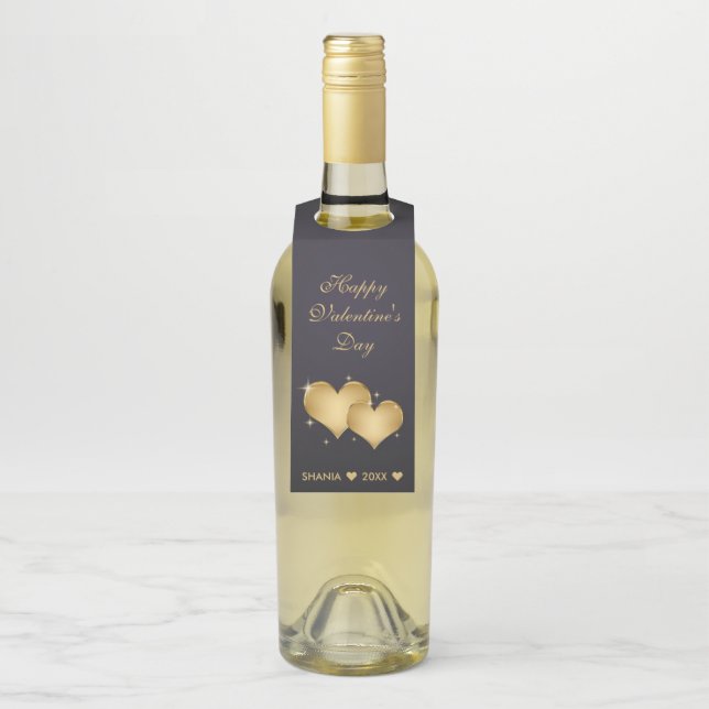 Happy Valentine's Day Elegant Golden Hearts Bottle Tag (On Bottle)