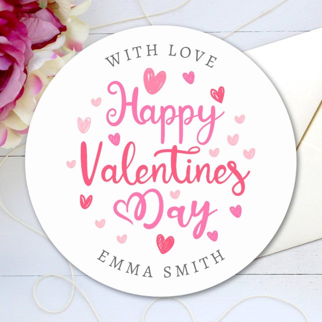 Happy Valentine's Day Elegant Script Hearts Text Classic Round Sticker (Creator Uploaded)