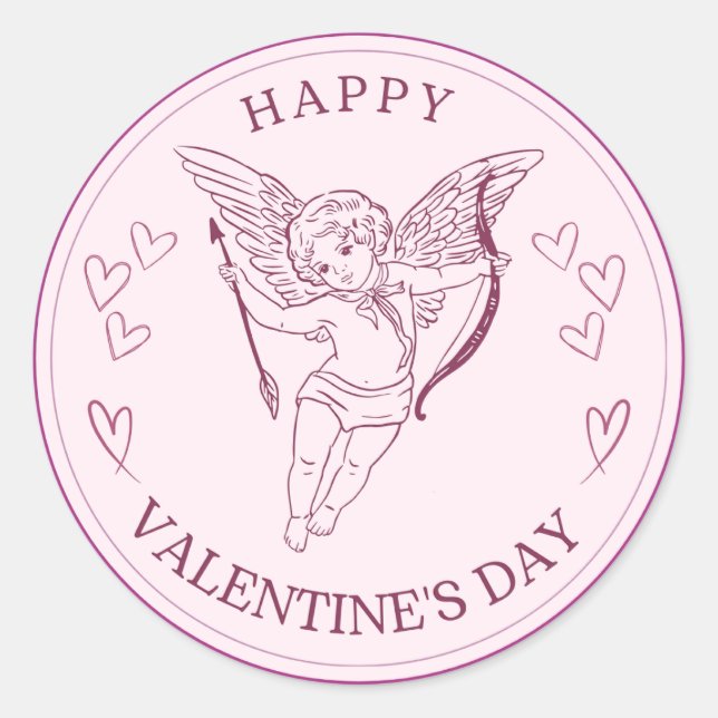 Happy Valentine's Day Elegant Script Pink Hearts  Classic Round Sticker (Front)
