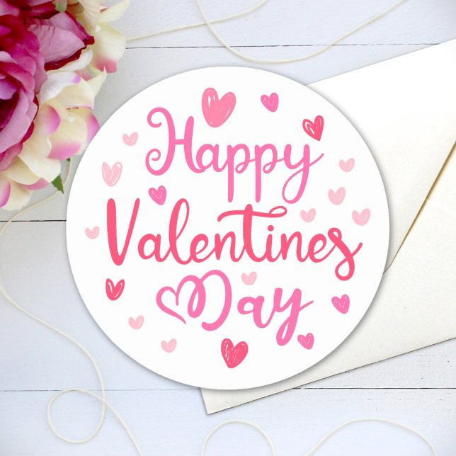 Happy Valentine's Day Elegant Script Pink Hearts Classic Round Sticker (Creator Uploaded)