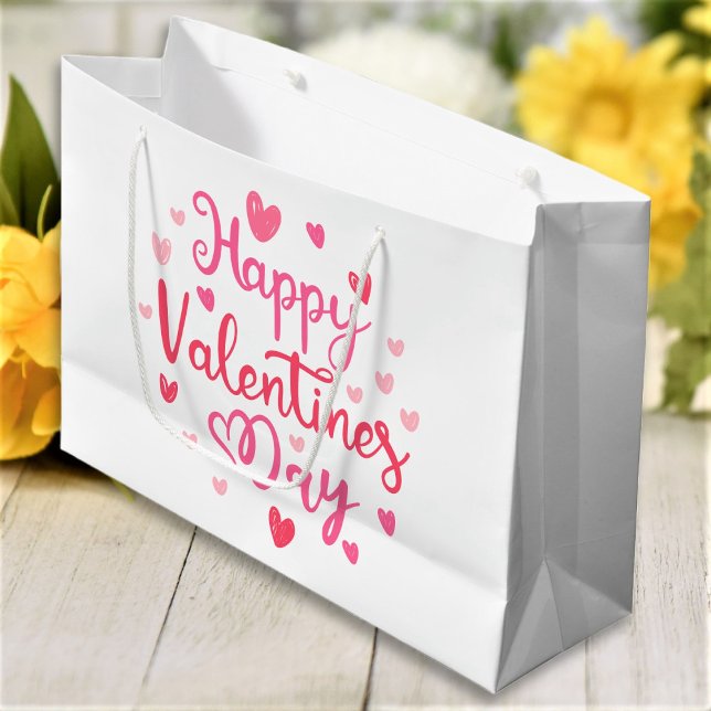 Happy Valentine's Day Elegant Script Pink Hearts Large Gift Bag (Creator Uploaded)