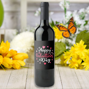 Happy Valentine's Day Elegant Script Pink Hearts Wine Label