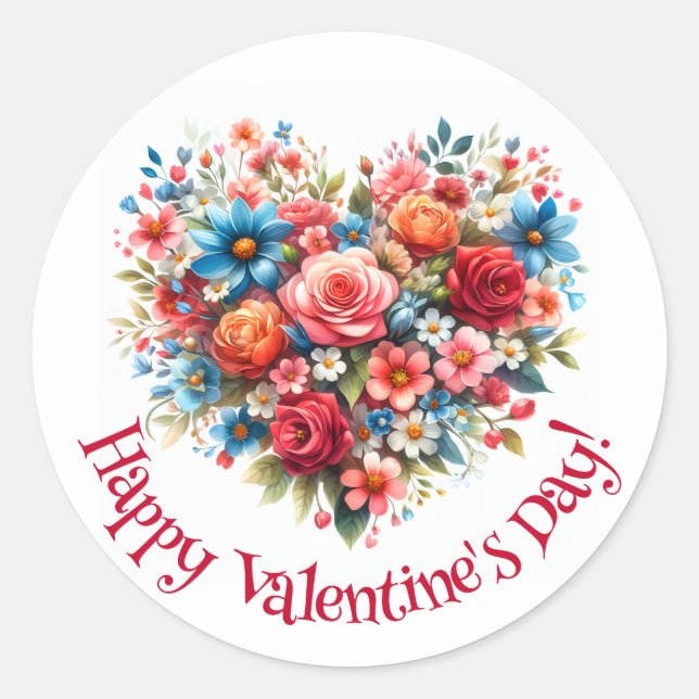 Happy Valentine's Day Floral Bouquet Classic Round Sticker (Front)