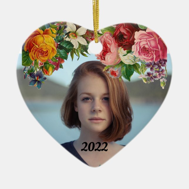 Happy Valentine's Day Floral Photo Wedding Ceramic Tree Decoration (Front)