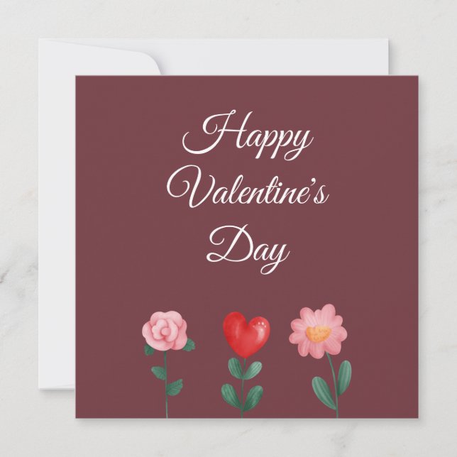 Happy Valentine's Day flowers burgundy script card (Front)