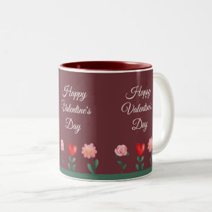 Happy Valentine's Day flowers burgundy script Two-Tone Coffee Mug