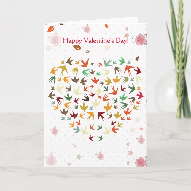Happy Valentine's Day Flying Birds Colourful Heart Holiday Card (Front)