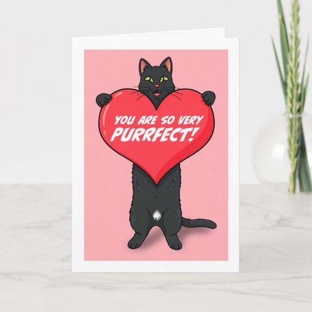 Happy Valentines Day For Anyone Cat Holding Heart  Holiday Card (Front)