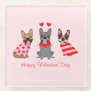 Happy Valentines Day French Bulldogs Glass Coaster
