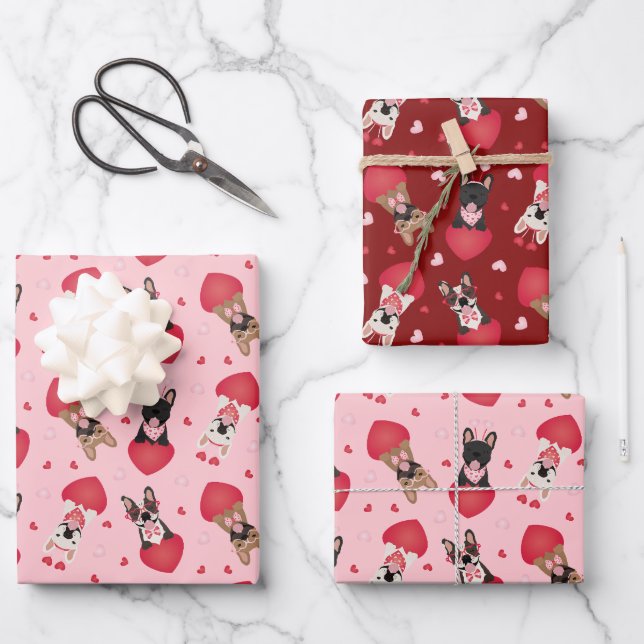 Happy Valentines Day French Bulldogs Wrapping Paper Sheet (Front)