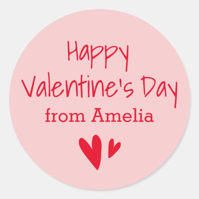 Happy Valentine's Day from custom name pink red Classic Round Sticker (Front)