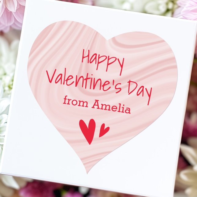 Happy Valentine's Day from Name pink satin swirls Heart Sticker (Happy Valentine's Day from Name pink satin swirls Heart Sticker)