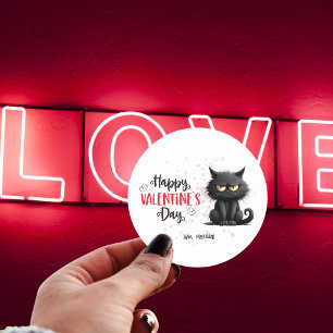 Happy Valentines Day Funny Black Cat Classic Round Sticker