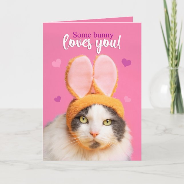 Happy Valentine's Day Funny Cat in Bunny Ears Holiday Card (Front)