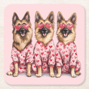Happy Valentines Day German Shepherd Dogs Square Paper Coaster