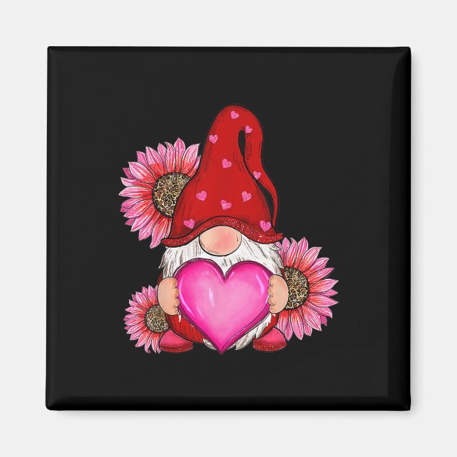 Happy Valentine's Day Gnome With Leopard Sunflower Magnet (Front)