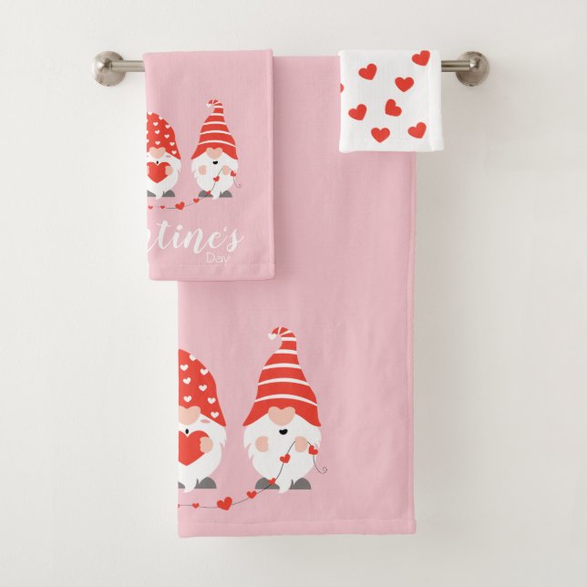 Happy Valentines Day Gnomes Red Pink Bath Towel Set (Insitu)