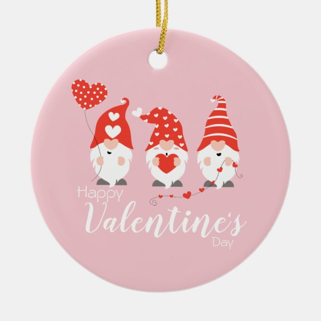 Happy Valentines Day Gnomes Red Pink Ceramic Tree Decoration (Front)