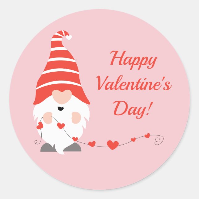 Happy Valentines Day Gnomes Red Pink  Classic Round Sticker (Front)