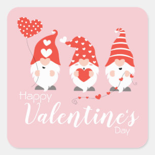 Happy Valentines Day Gnomes Red Pink Square Sticker