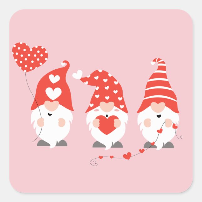 Happy Valentines Day Gnomes Red Pink Square Sticker (Front)