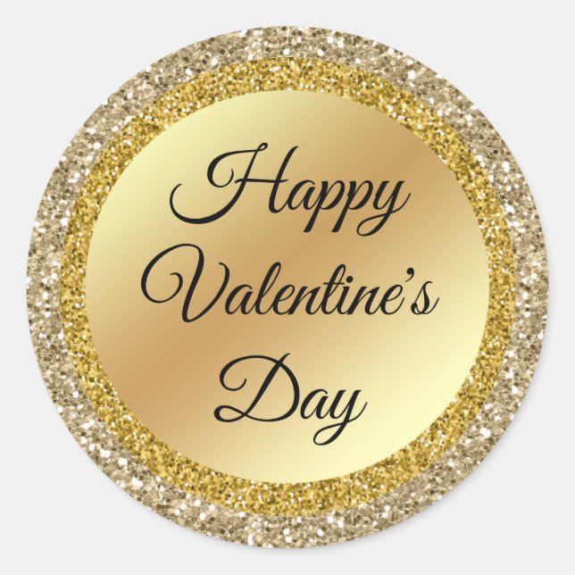 happy valentines day, gold metallic glitters  classic round sticker (Front)