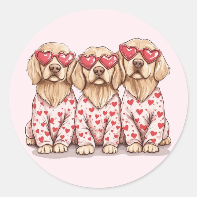Happy Valentines Day Golden Retriever Dogs Classic Round Sticker (Front)