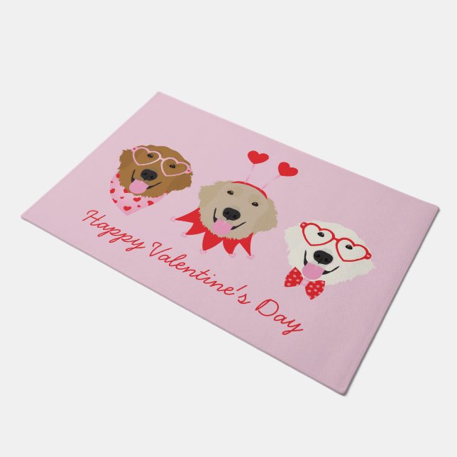 Happy Valentines Day Golden Retriever Dogs Doormat (Angled)