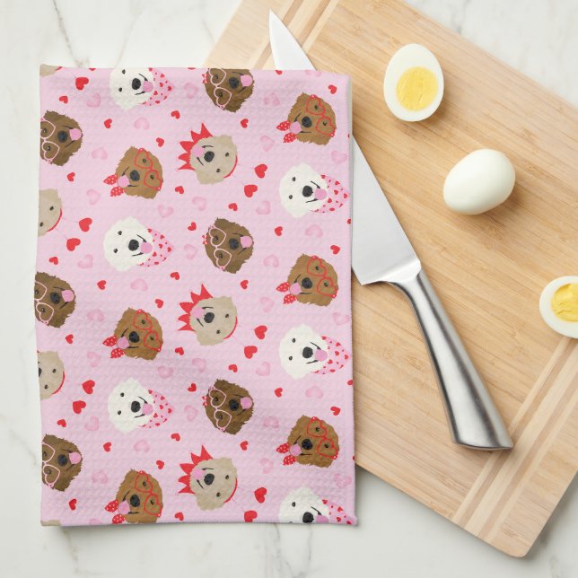 Happy Valentines Day Golden Retriever Dogs Tea Towel (Quarter Fold)
