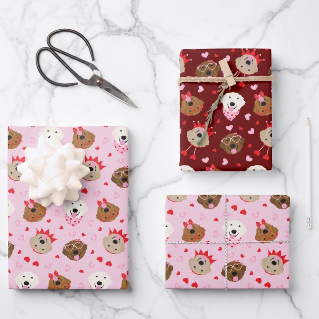 Happy Valentines Day Golden Retriever Dogs Wrapping Paper Sheet (Front)
