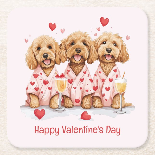 Happy Valentines Day Goldendoodle Dogs Square Paper Coaster (Front)