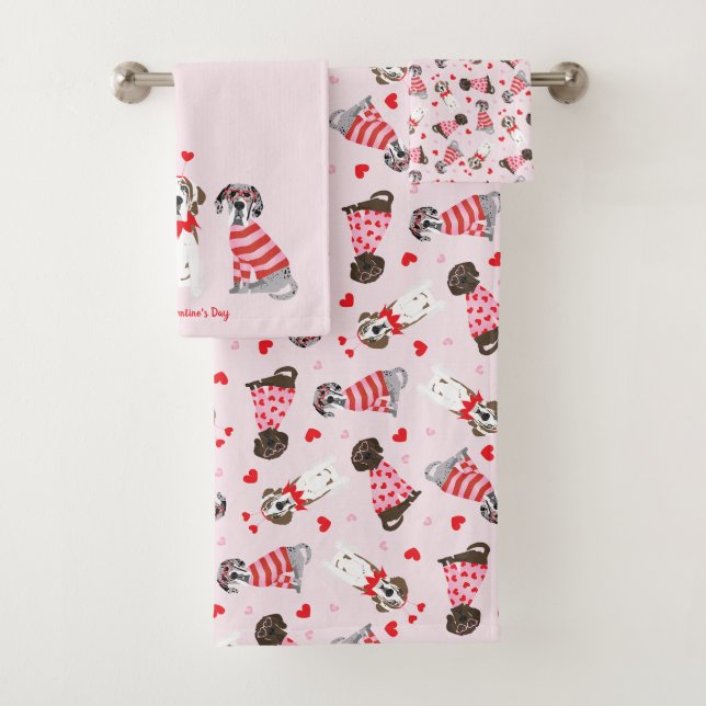 Happy Valentines Day Great Dane Dogs Bath Towel Set (Insitu)