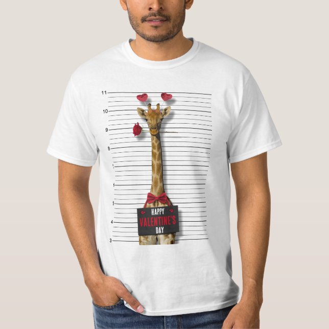 Happy Valentine's Day Guilty Giraffe Funny Mugshot T-Shirt (Front)