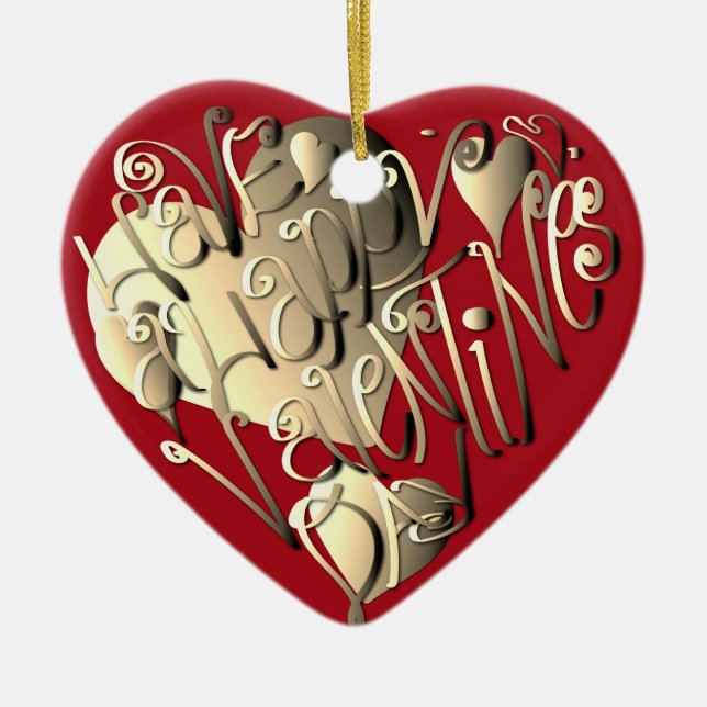 "Happy Valentine's Day" Heart Red Ceramic Tree Decoration (Front)