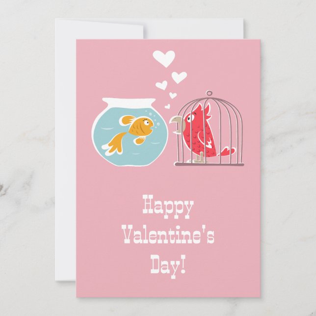 Happy Valentine's Day Heart Red Parrot Golden Fish Holiday Card (Front)