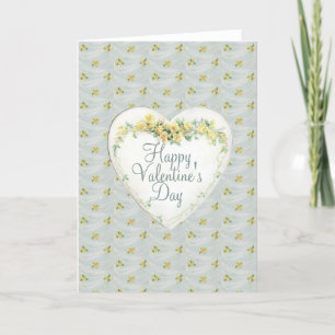 Happy Valentine's Day Heart Vintage Yellow Rose Holiday Card
